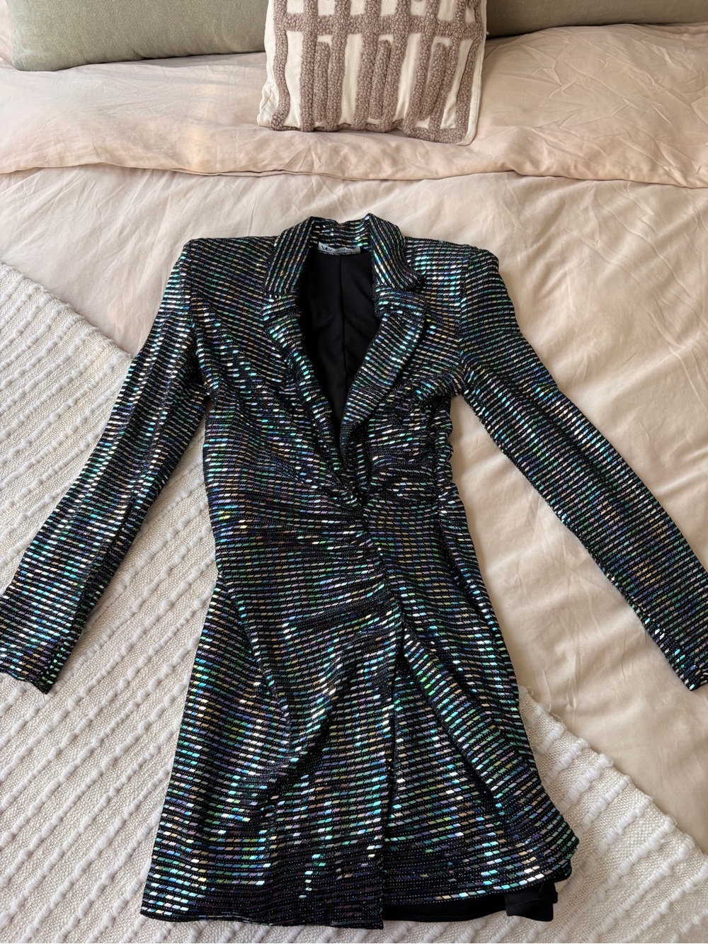 Zara Black Iridescent Sequin Wrap-Style Long Sleeve Dress